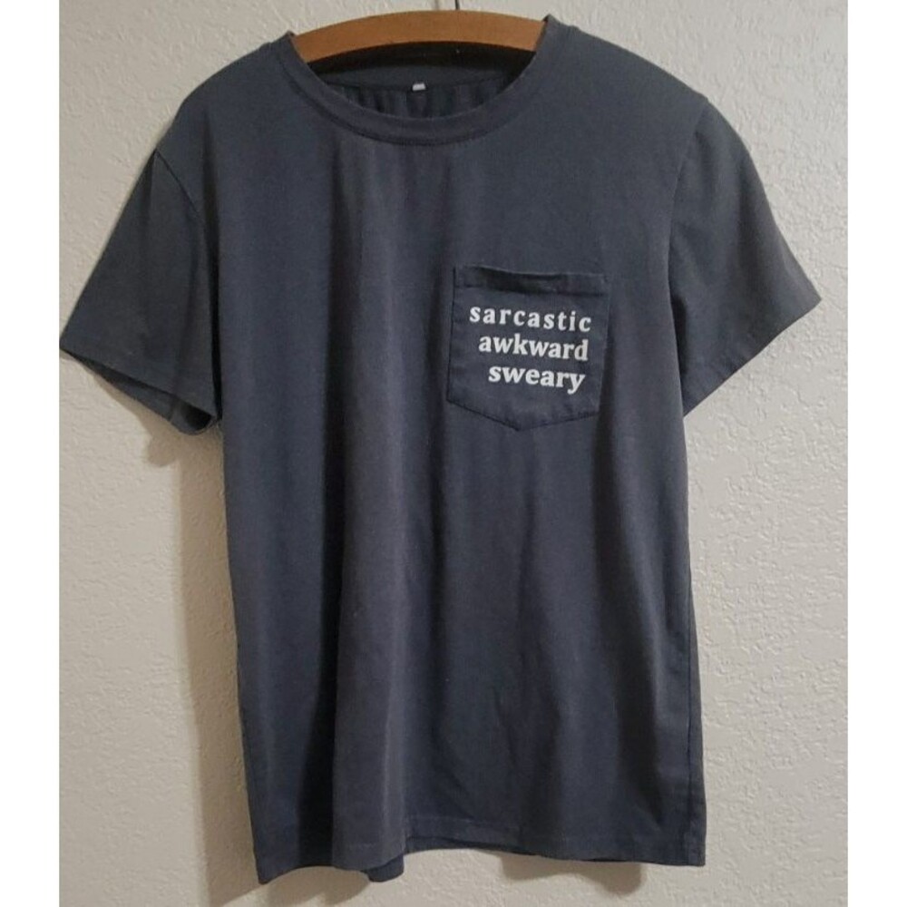 Womens Sarcastic Awkward Sweary Gray Pocket Tee T-Shirt Sz Medium Novelty